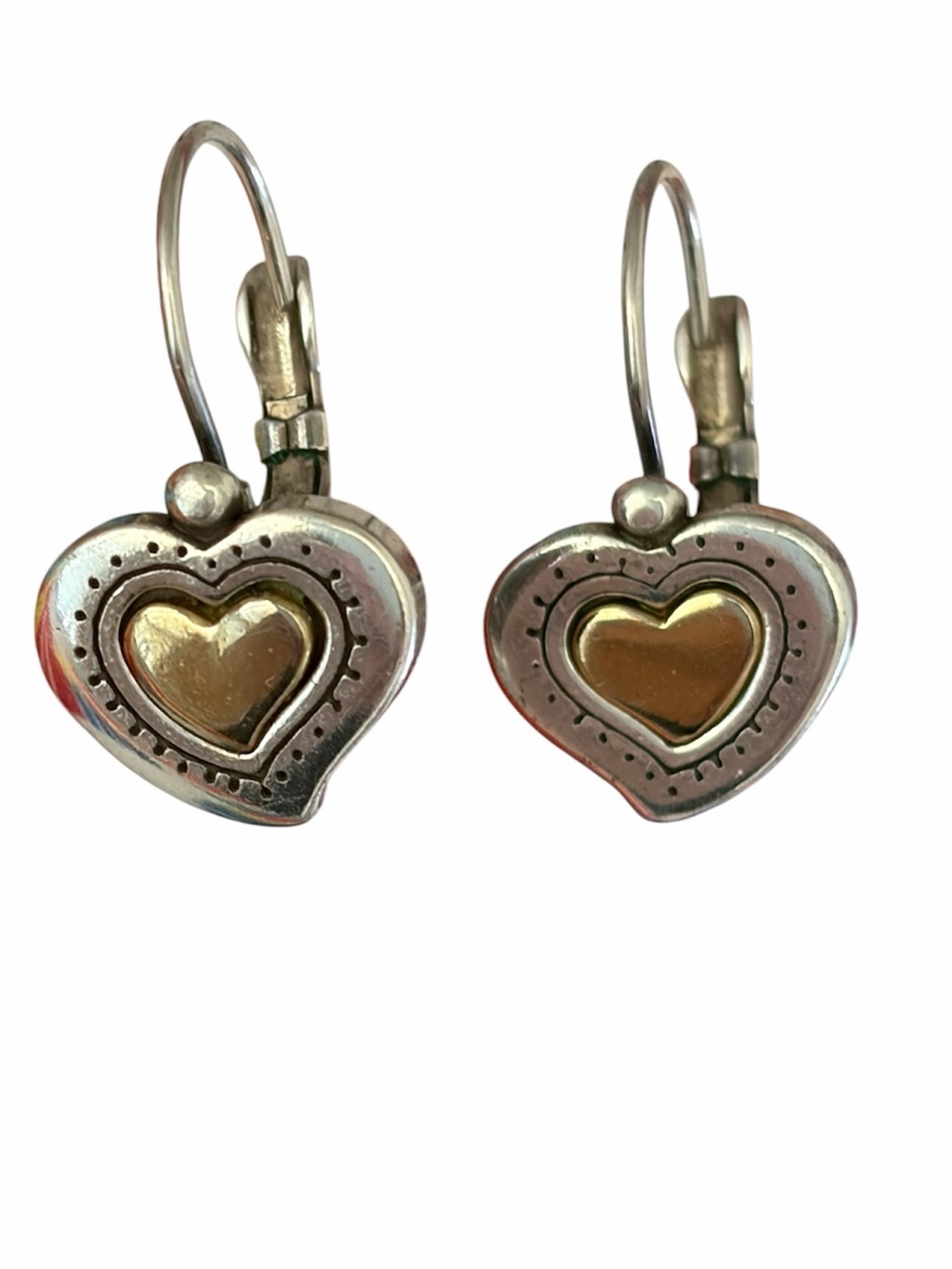 Brighton RENDEZVOUS Heart Leverback Silver Gold Earrings *RETIRED* + Bag & Tin - Picture 3 of 7